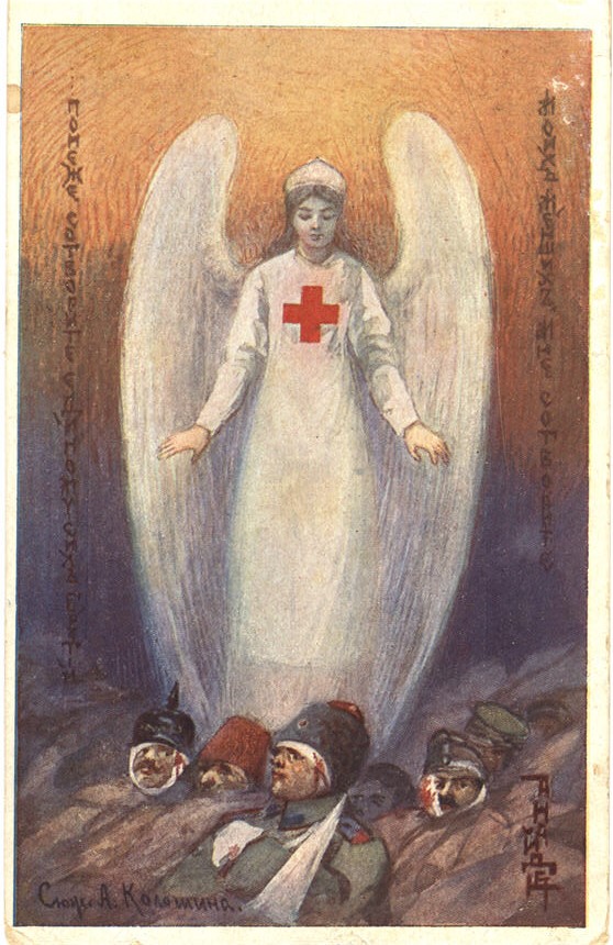A White female angel wearing the Red Cross, looking down at wounded soldiers with arms outstretched.