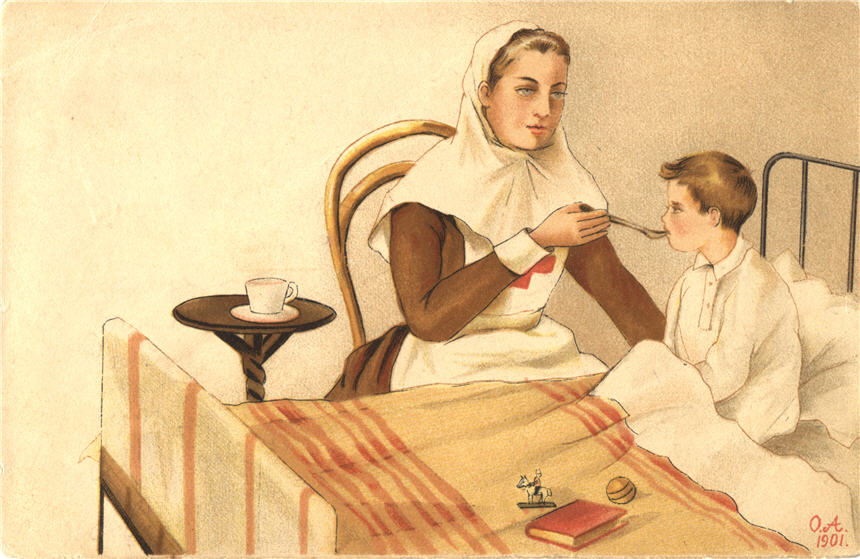 A White female nurse in brown, holding a spoon to the mouth of a young White boy in bed.
