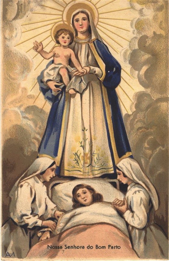 Virgin Mary and baby Jesus floating two White female nurses tending to a pregnant White woman.