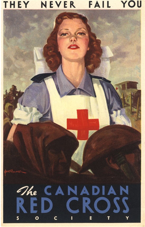 A White female nurse in a blue and white uniform looks at viewer, above the heads of male soldiers.