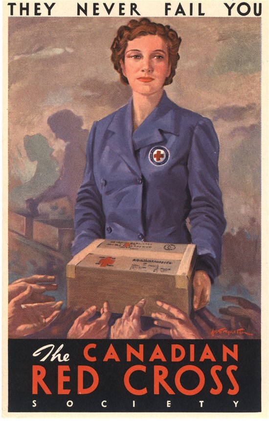 A White female nurse in blue holds out a package, with many hands reaching out towards the package.