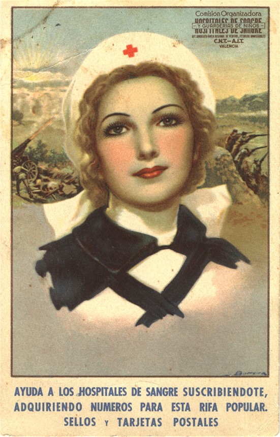 A White female nurse, gazing past the viewer, with a war scene in the background.