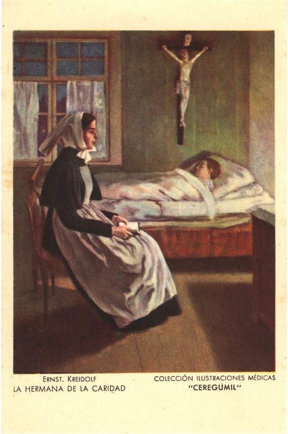 A White female nurse with head covered sits beside the bed of a sleeping ill White boy.