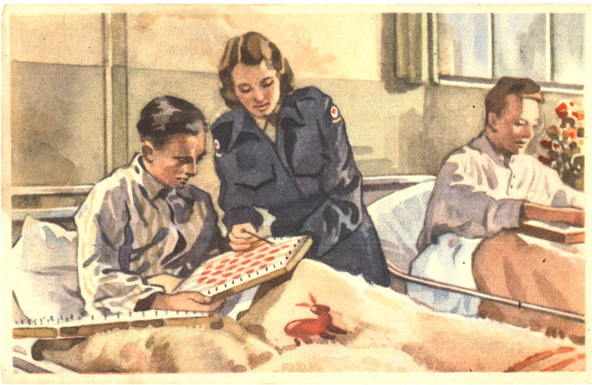 A White female nurse explaining a game to a White male patient in bed.