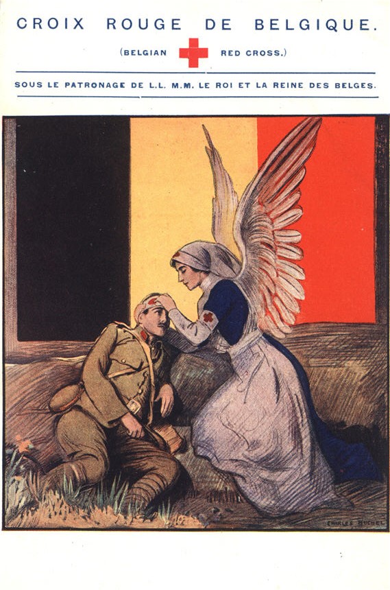 A White female nurse with wings kneeling beside a wounded White male soldier.