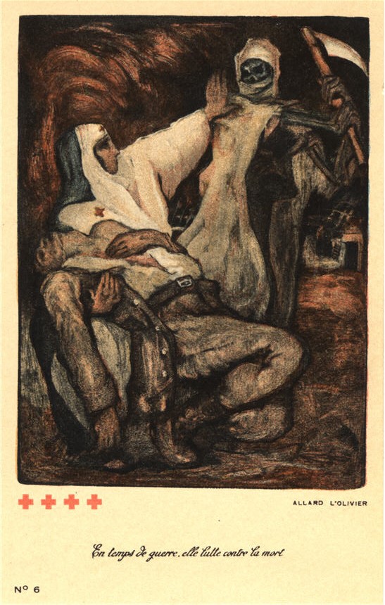 A White female nurse with a wounded White soldier, guarding him from the personification of Death.