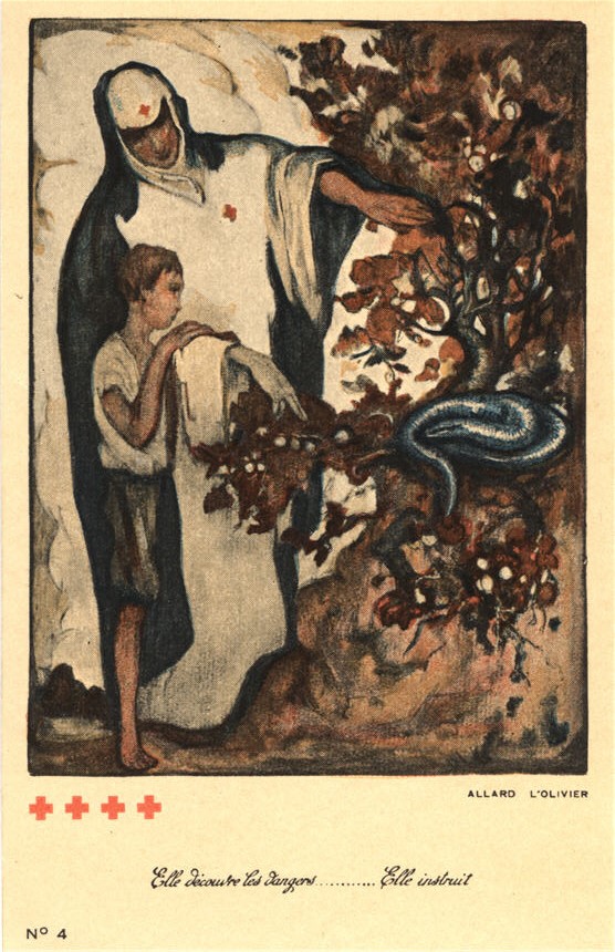 A White female nurse showing a young White boy a black snake in a tree.