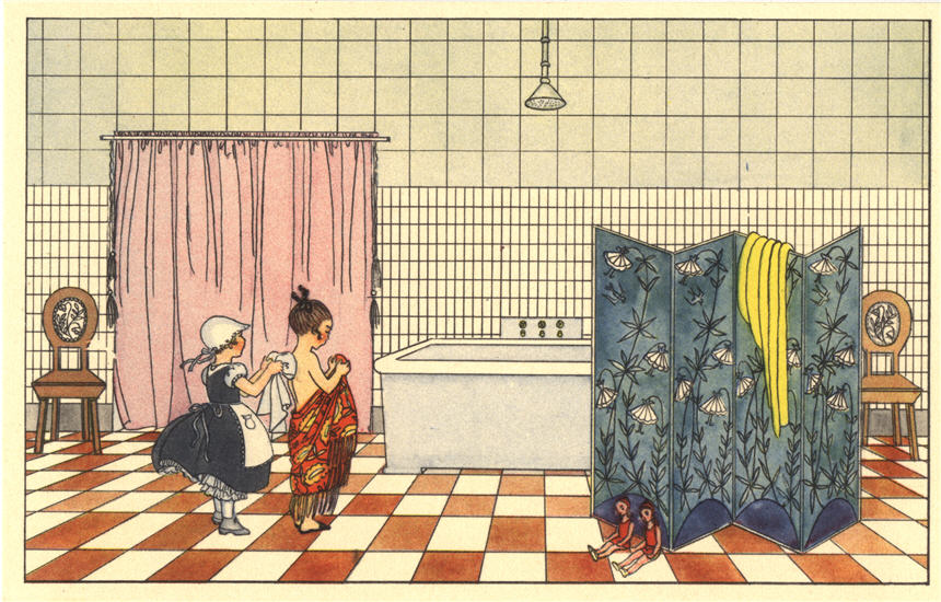 A girl dress as maid helping another girl prepare for her bath in a large bathroom.