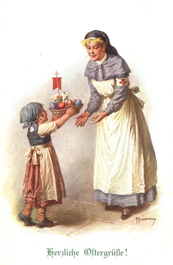 A White girl handing a basket of Easter eggs to a White female nurse.