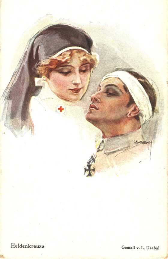 A White male solder with a bandage on his head, and a White female nurse looking down at him.