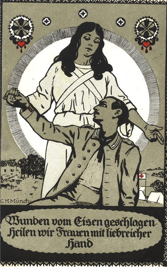 A White female nurse standing above a seated White male soldier with arms outstretched.