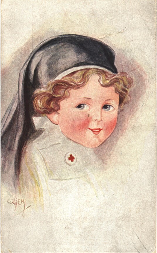 A White girl in a nurse's uniform, looking to the left of the viewer visible from shoulders up.