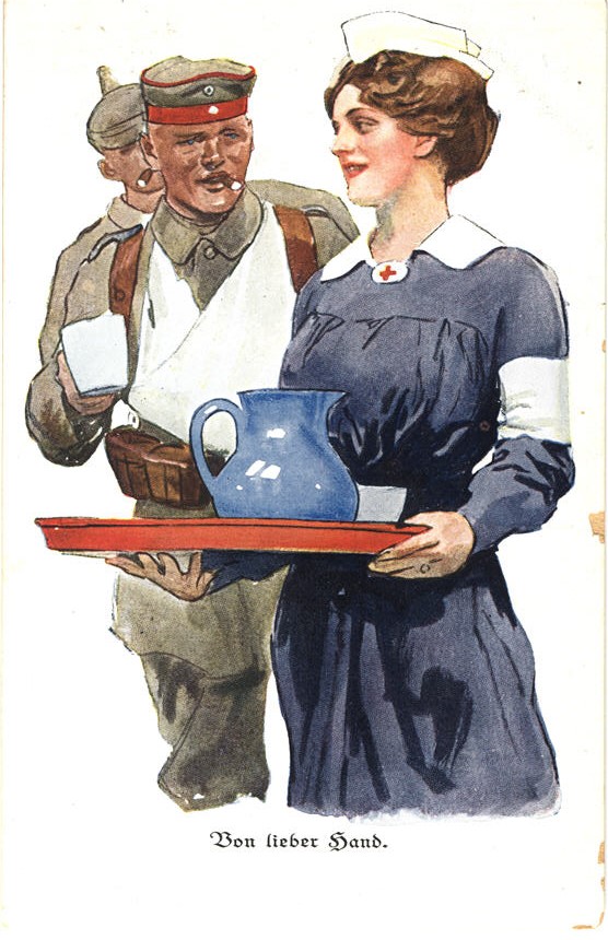 A White female nurse in blue carrying a tray with a pitcher past two wounded white male soldier.
