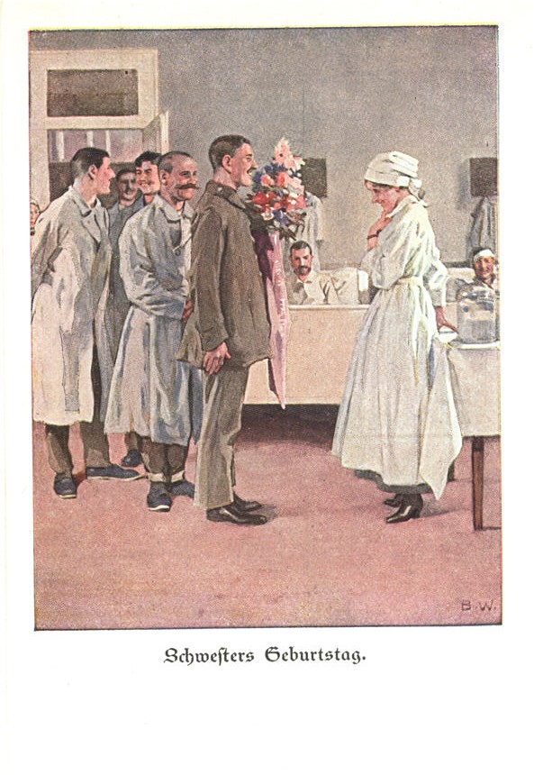 A White male soldier presenting a bouquet of flowers to a White female nurse in the hospital ward.