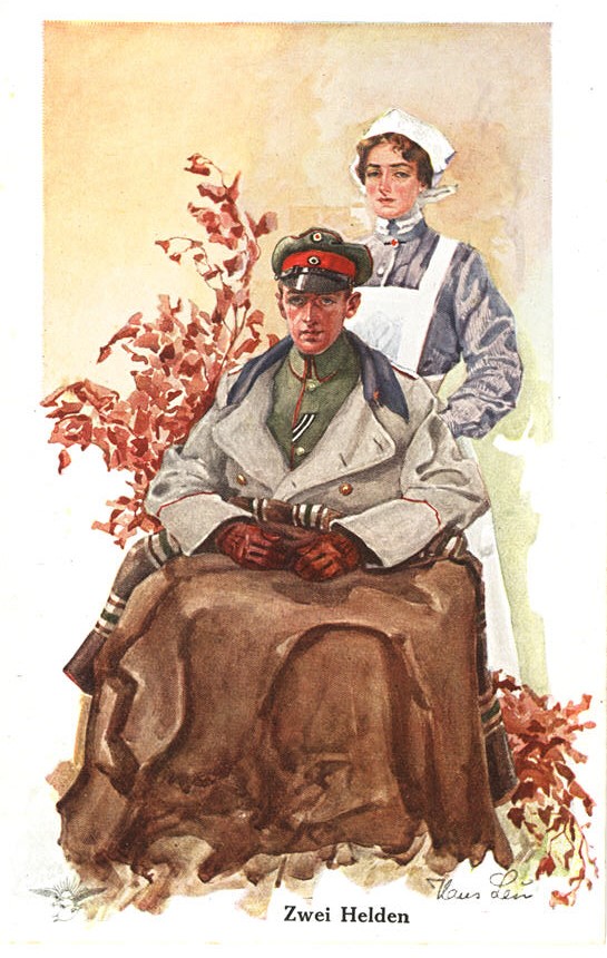 A White male soldier in a wheelchair, with a White female nurse standing behind him.