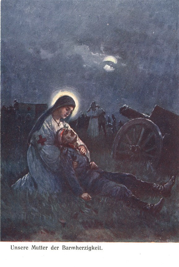 A White female nurse with a halo holding a wounded White male soldier on a battlefield at night.