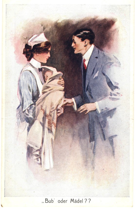 A White female nurse holding a White baby while a White man leans in to look at the baby.
