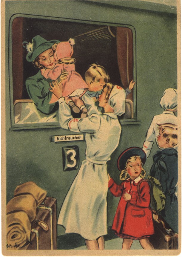A White mother handing her daughter out of the train window to a White female nurse.