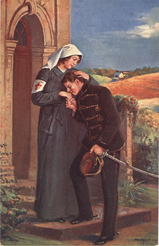 A White female nurse holding the head of a White male soldier to her chest; he kisses her hand.