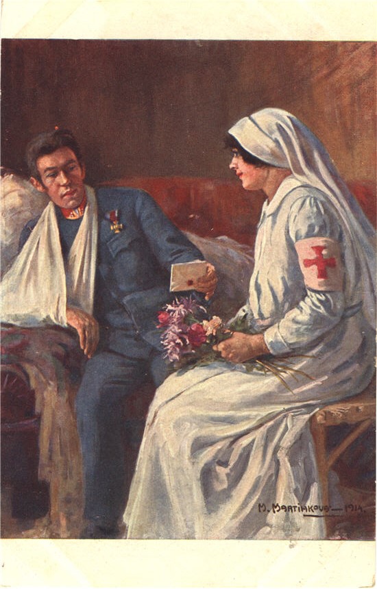 A White female nurse holding flowers in her lap a wounded White male soldier hands her a letter.