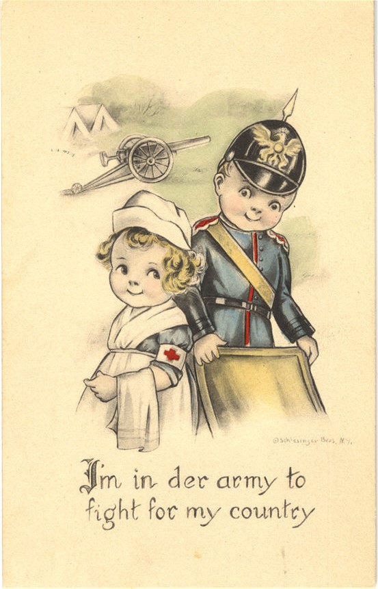 A White girl dressed as a nurse and a White boy dressed as a soldier, a cannon in the background.