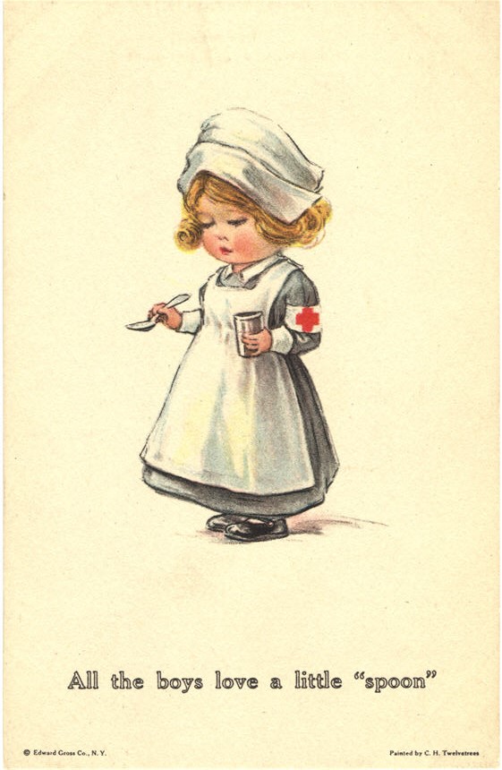 A White girl dressed as a nurse with a glass and spoon held in either hand.