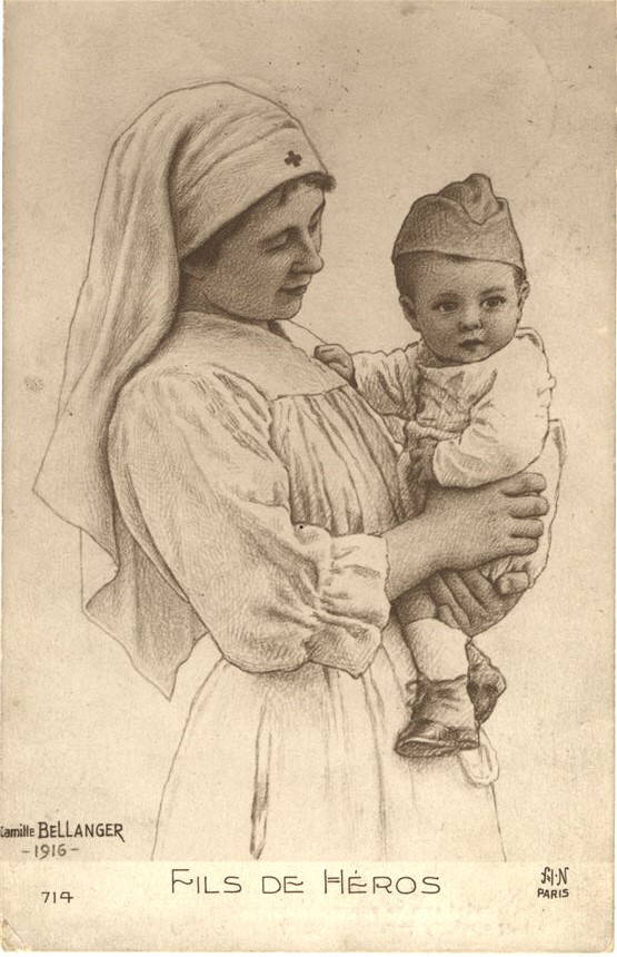 A White female nurse looking at a White baby boy she is holding.