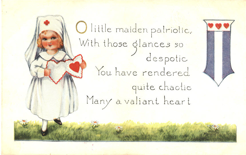 A White female child in a white nursing uniform carrying a Valentine heart.