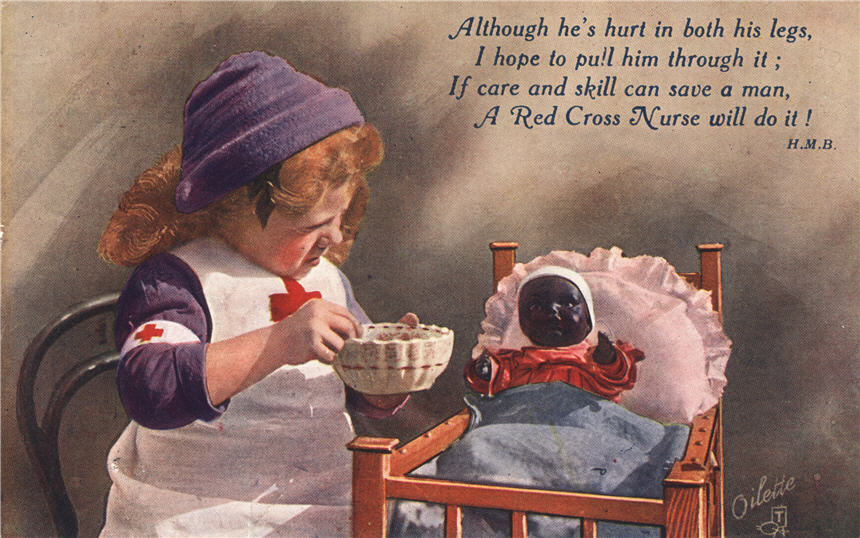 A White girl dressed as a nurse in white and purple, feeds a doll.
