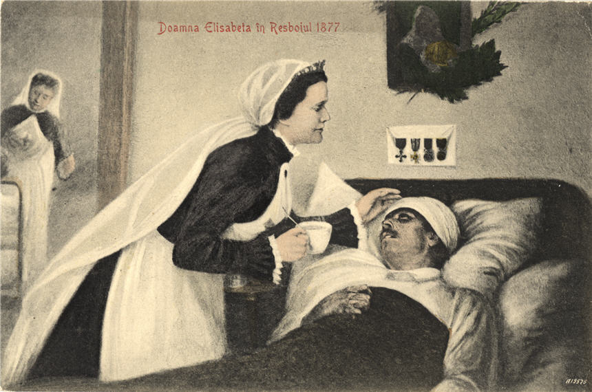 An elderly White female nurse (Lady Elisabeta) tending to a White male patient while holding a cup.