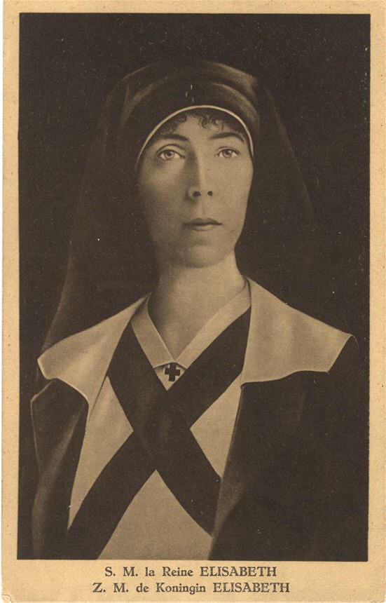 A White woman (Queen Elisabeth) in nursing uniform, sitting for a portrait and looking at the viewer.