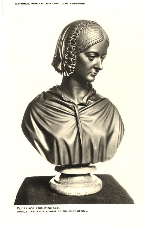 A bronze bust of a White woman (Florence Nightingale). Her face turned to right and looking down.