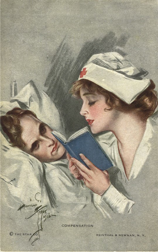 A White female nurse in white reading a book to a White male patient in bed.
