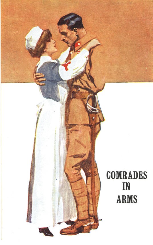 A White female nurse in blue and white in the arms of a White male soldier in khaki.