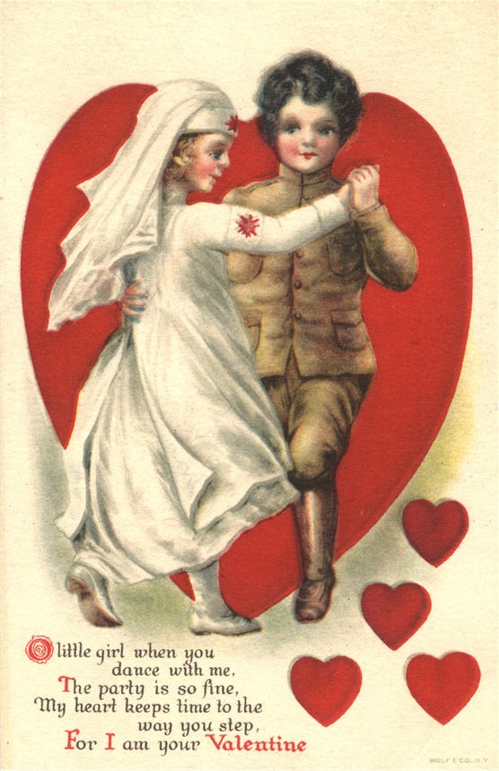 A White female nurse in white dancing with a White male soldier in khaki, in front of a heart.