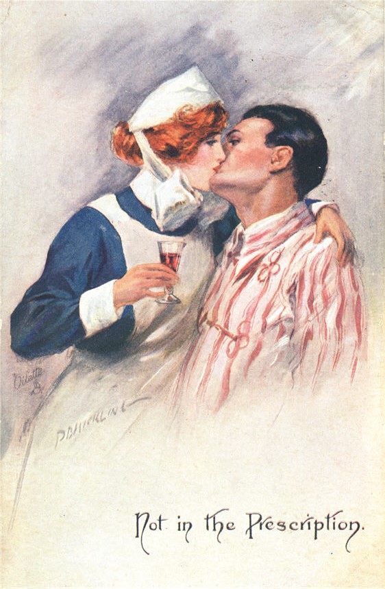 A White female nurse in blue and white leans in and kisses a White male patient in red and white.