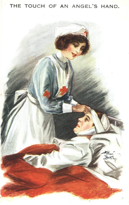 A White female nurse tending to a White male patient in bed. She adjusts his head bandage.