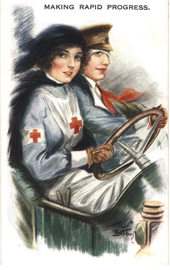 A White female nurse at the wheel of a vehicle, with a wounded White male soldier.