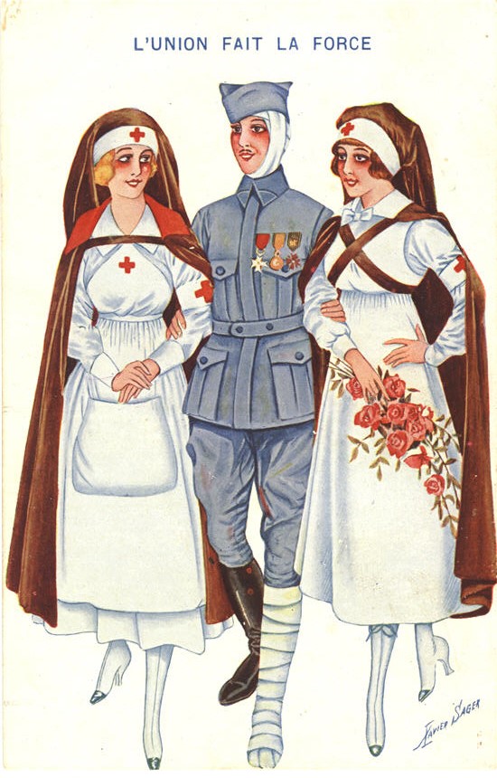 A wounded White male soldier, with a White female nurse on either arm. One nurse carries roses.