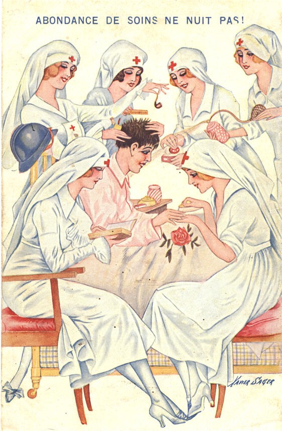 A White male soldier in a hospital bed, surrounded by 6 White female nurses, all tending to him.