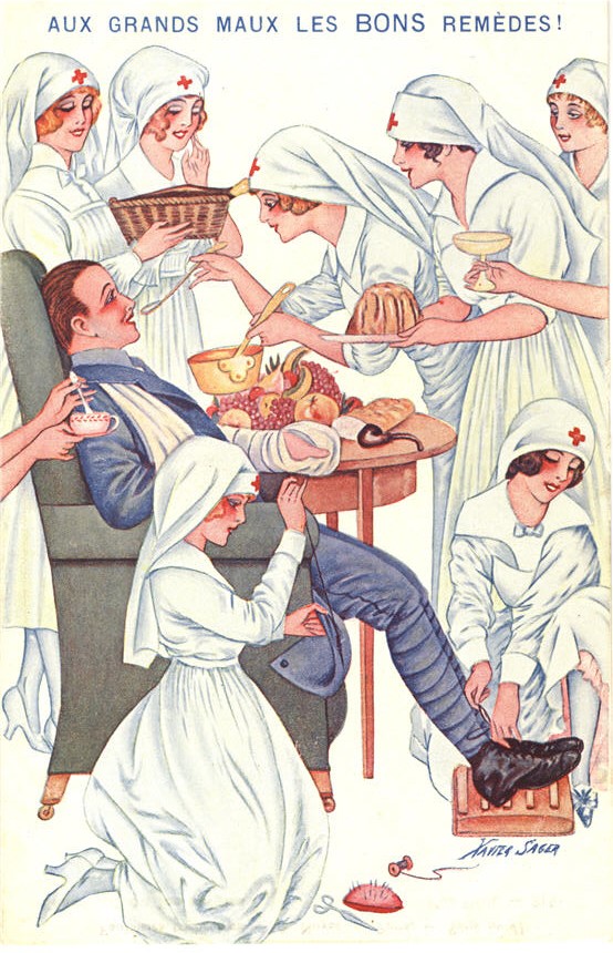 A seated White male soldier, surrounded by 7 White female nurses, all tending to him.