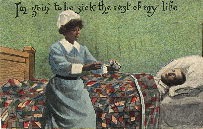 A White female nurse pouring medicine into a spoon, next to the bed of a sick White man.