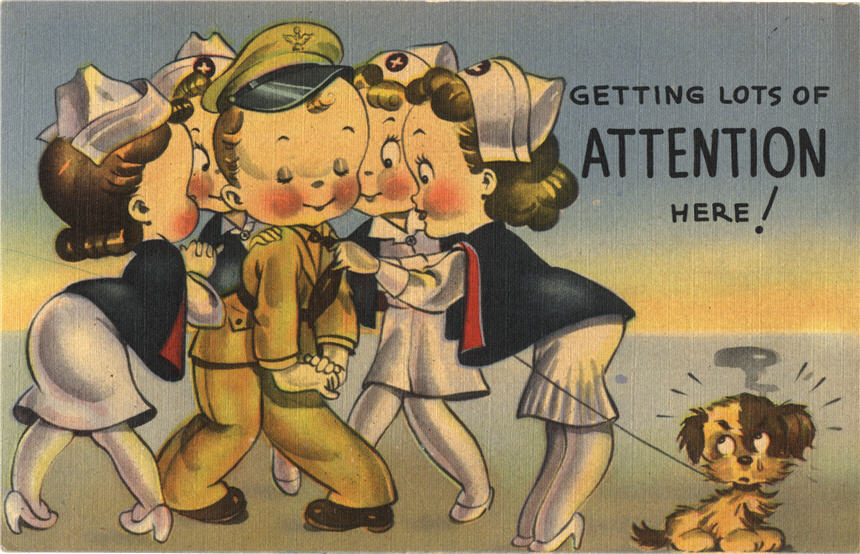 A White boy blushing soldier with four White girl nurses in heels surrounding him.