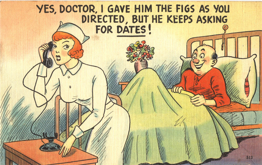 A White male in bed with an erection, looking excitedly at the White female nurse, on the telephone.