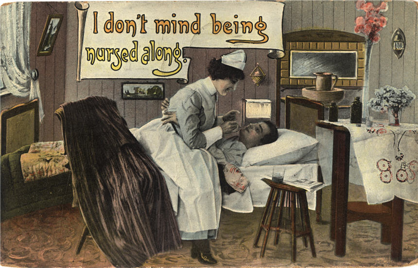 A White male patient in bed, smiling with his arms around the waist of his White female nurse.