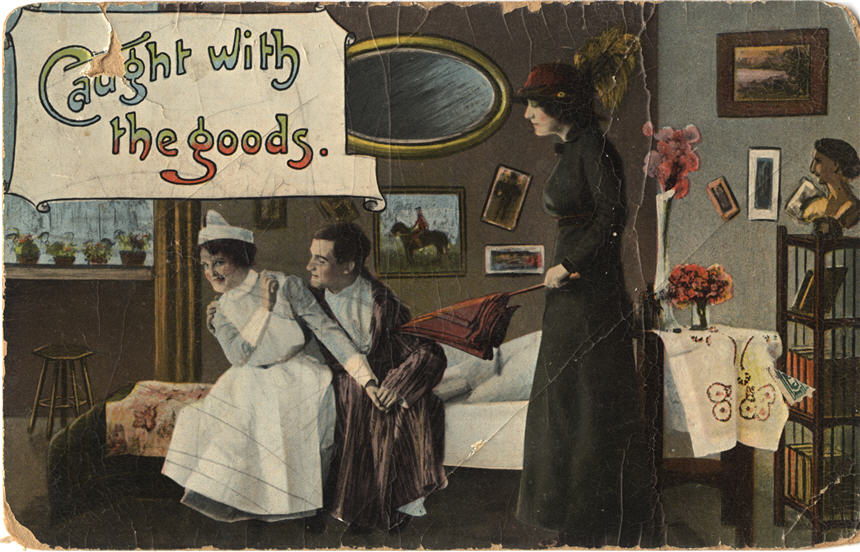 A White male patient sits in bed with his White female nurse as his White wife angrily looks on.