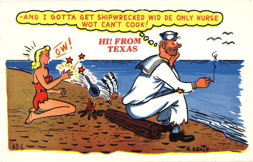A White male soldier and White female nurse in a small red dress, stranded on a beach.