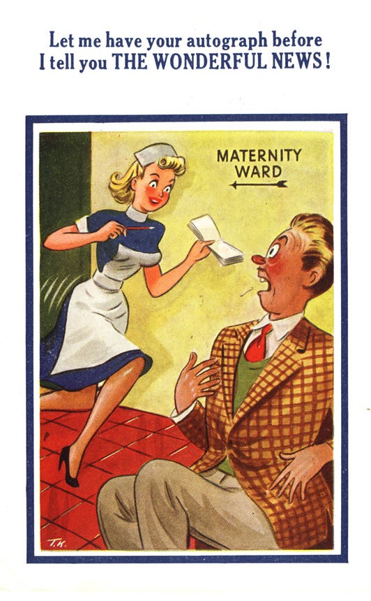 A White female nurse with a notepad rushing from the maternity ward toward a surprised White man.