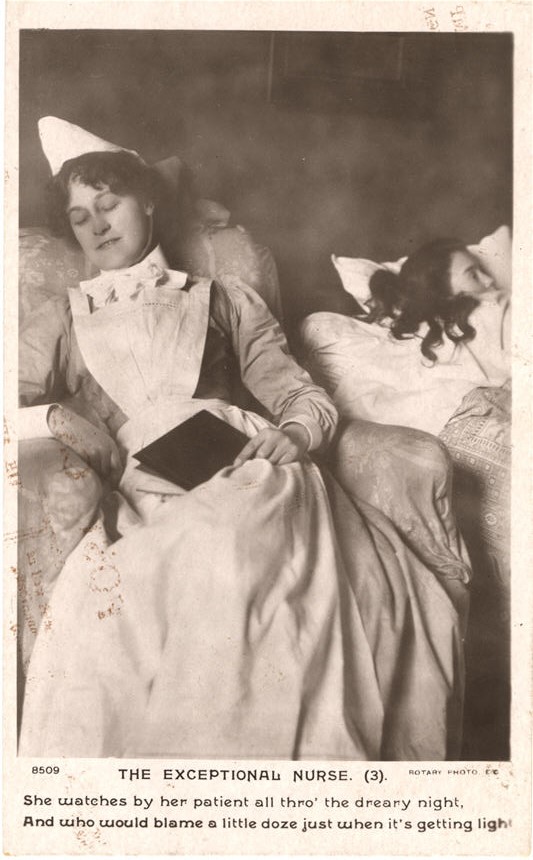 A White female nurse asleep in chair next to sleeping White female patient in bed.