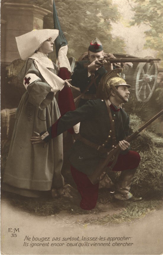 A White female nurse carrying the French flag and standing behind two kneeling white male soldiers.